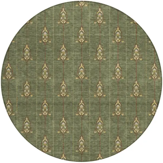 8' Olive Green And Brown Round Geometric Washable Indoor Outdoor Area Rug Photo 2