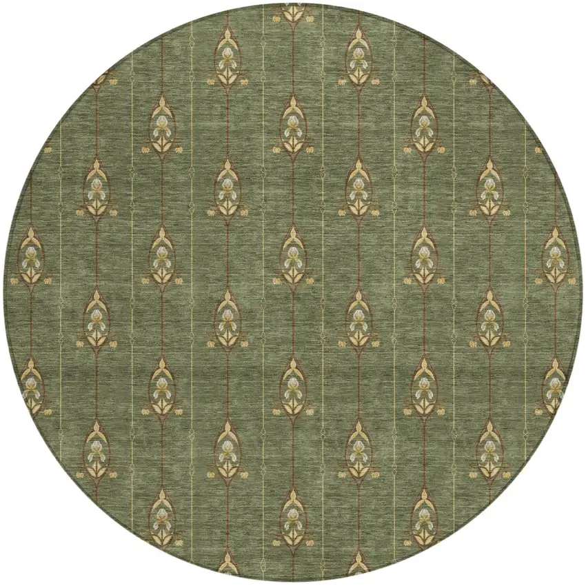 8' Olive Green And Brown Round Geometric Washable Indoor Outdoor Area Rug Photo 2