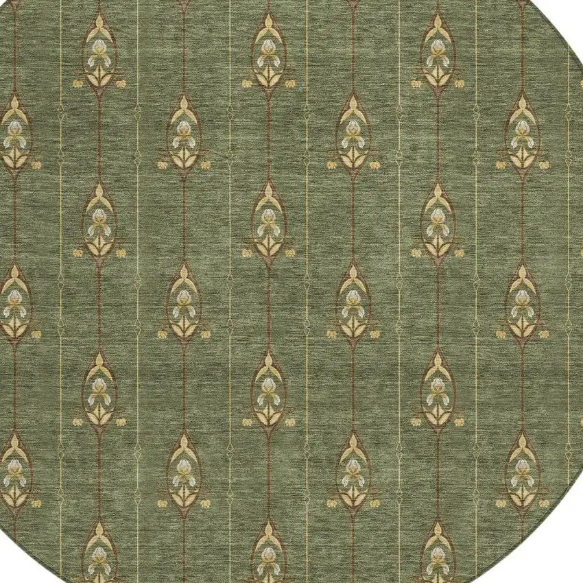 8' Olive Green And Brown Round Geometric Washable Indoor Outdoor Area Rug Photo 4