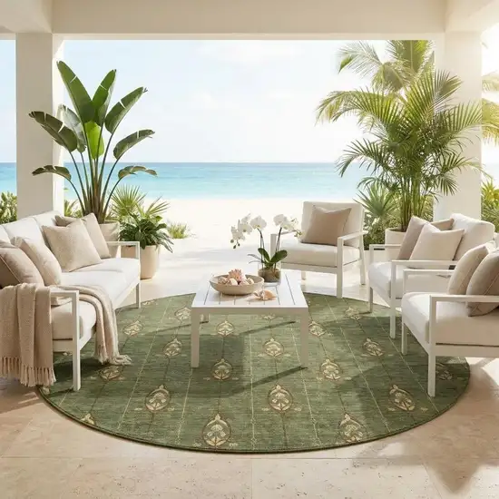 8' Olive Green And Brown Round Geometric Washable Indoor Outdoor Area Rug Photo 1