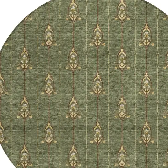 8' Olive Green And Brown Round Geometric Washable Indoor Outdoor Area Rug Photo 5