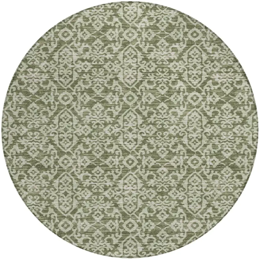 8' Olive Green And Brown Round Oriental Washable Indoor Outdoor Area Rug Photo 2