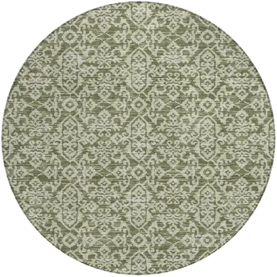 8' Olive Green And Brown Round Oriental Washable Indoor Outdoor Area Rug Photo 2