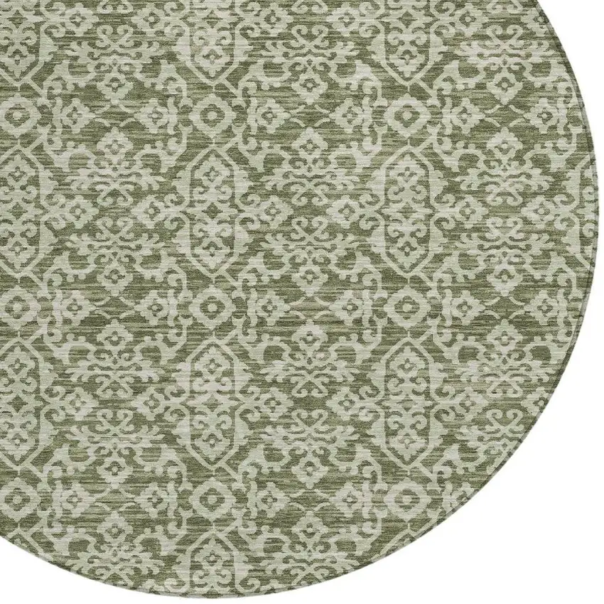 8' Olive Green And Brown Round Oriental Washable Indoor Outdoor Area Rug Photo 3