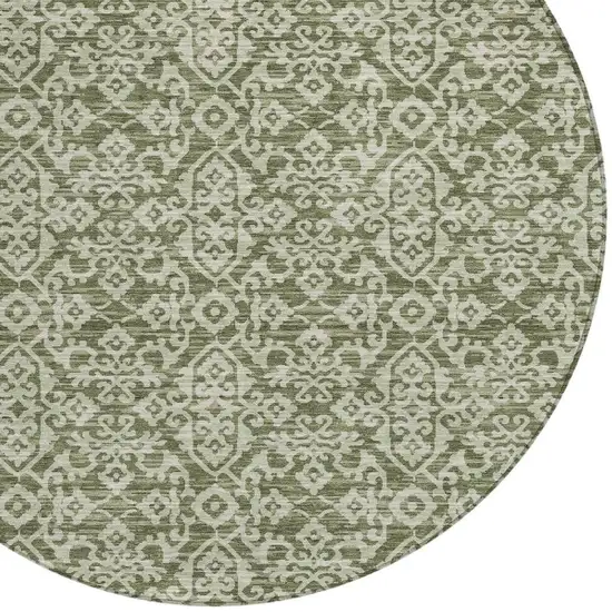 8' Olive Green And Brown Round Oriental Washable Indoor Outdoor Area Rug Photo 3