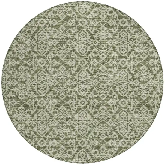 8' Olive Green And Brown Round Oriental Washable Indoor Outdoor Area Rug Photo 4