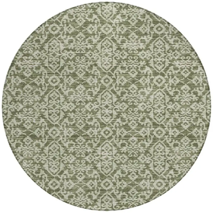 8' Olive Green And Brown Round Oriental Washable Indoor Outdoor Area Rug Photo 4