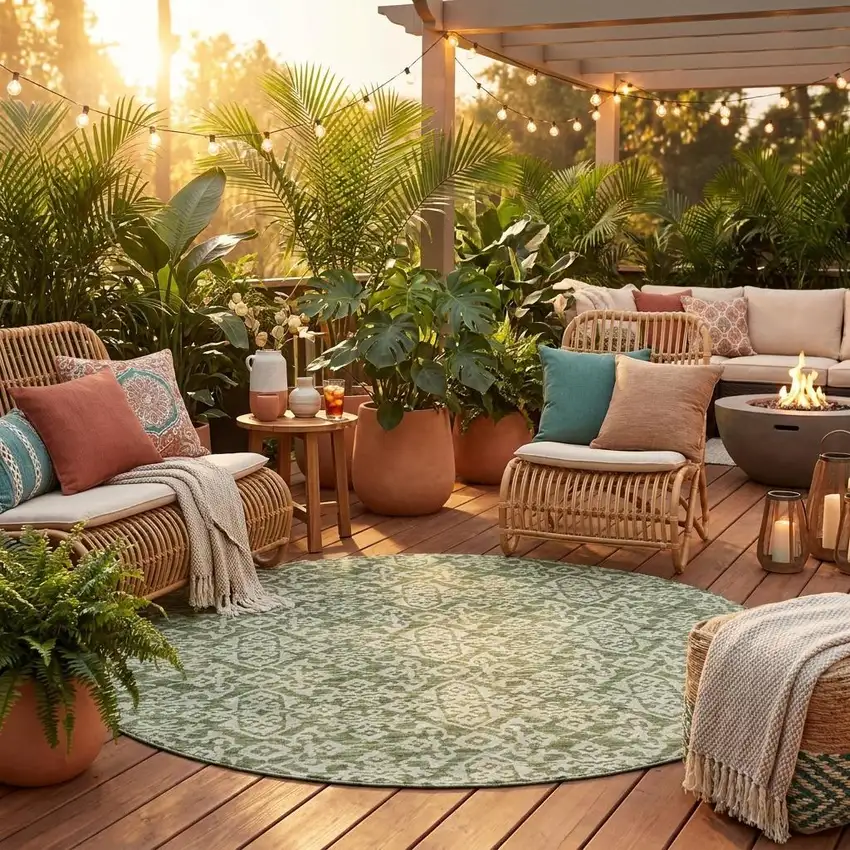 8' Olive Green And Brown Round Oriental Washable Indoor Outdoor Area Rug Photo 1