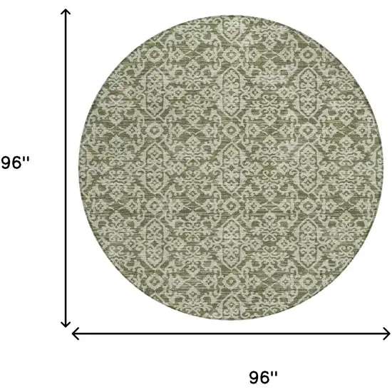 8' Olive Green And Brown Round Oriental Washable Indoor Outdoor Area Rug Photo 7