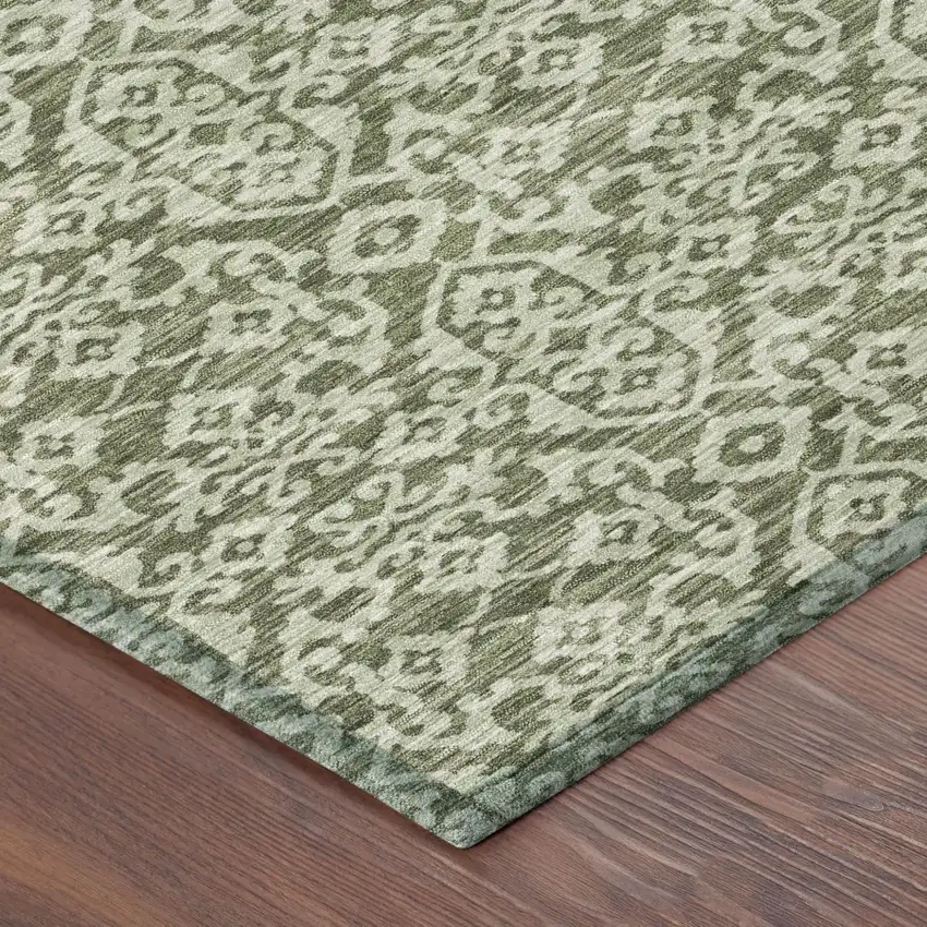 8' Olive Green And Brown Round Oriental Washable Indoor Outdoor Area Rug Photo 5