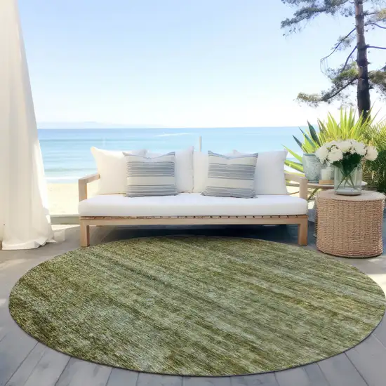 8' Olive Green And Brown Round Striped Washable Indoor Outdoor Area Rug Photo 6