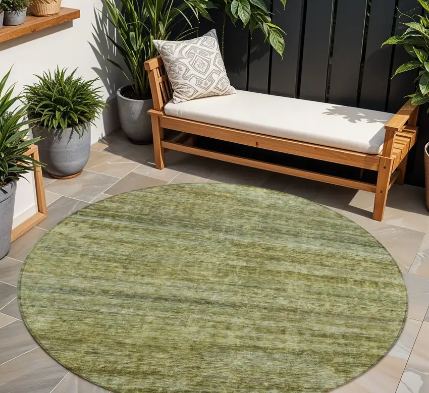 8' Olive Green And Brown Round Striped Washable Indoor Outdoor Area Rug Photo 1