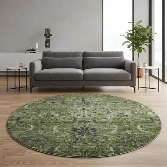 8' Olive Green And Charcoal Damask Washable Round Rug With UV Protection Photo 2