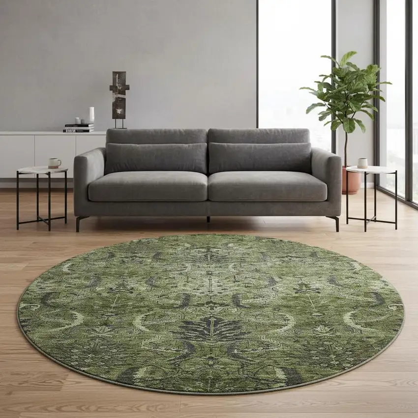 8' Olive Green And Charcoal Damask Washable Round Rug With UV Protection Photo 2