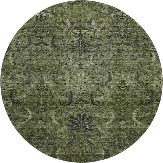 8' Olive Green And Charcoal Damask Washable Round Rug With UV Protection Photo 1
