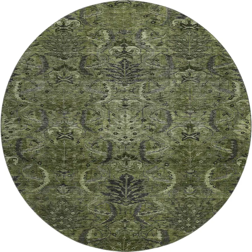 8' Olive Green And Charcoal Damask Washable Round Rug With UV Protection Photo 1