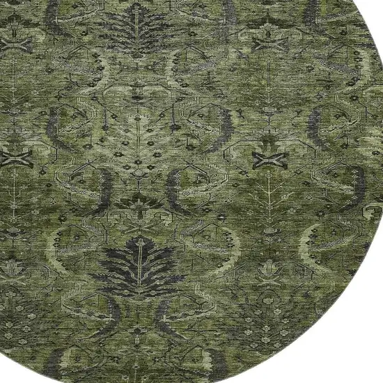 8' Olive Green And Charcoal Damask Washable Round Rug With UV Protection Photo 3