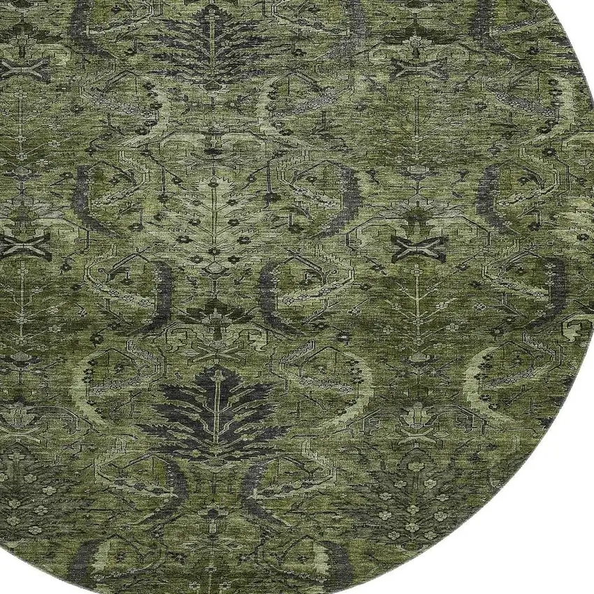 8' Olive Green And Charcoal Damask Washable Round Rug With UV Protection Photo 3