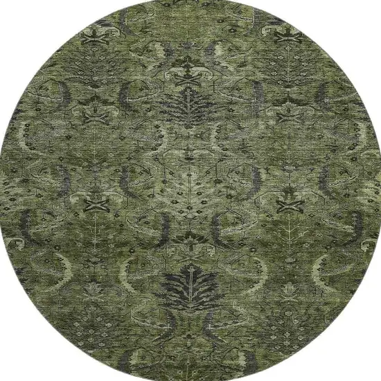 8' Olive Green And Charcoal Damask Washable Round Rug With UV Protection Photo 3