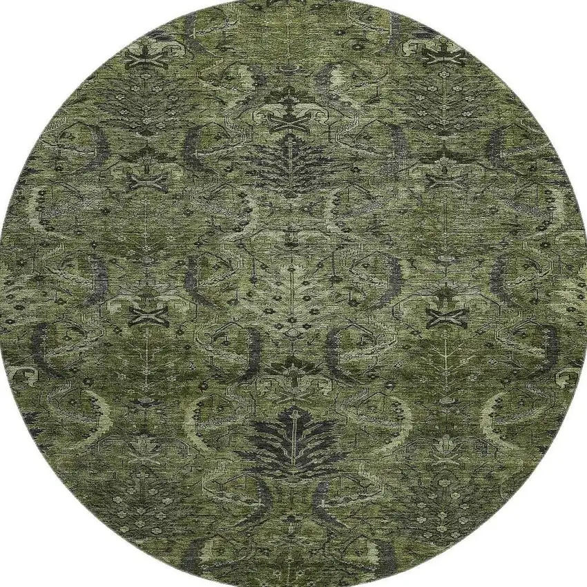 8' Olive Green And Charcoal Damask Washable Round Rug With UV Protection Photo 3