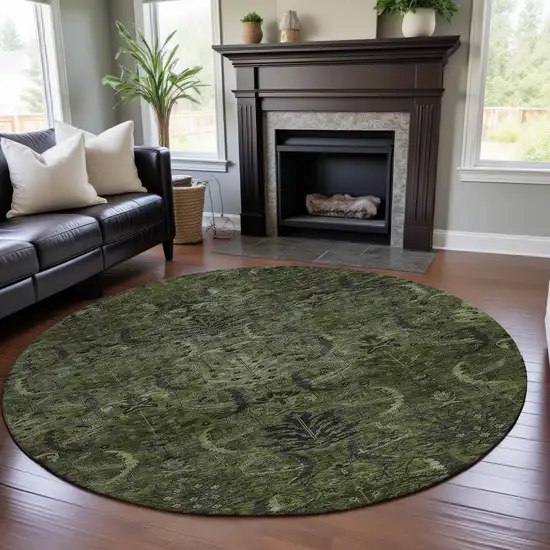 8' Olive Green And Charcoal Damask Washable Round Rug With UV Protection Photo 4