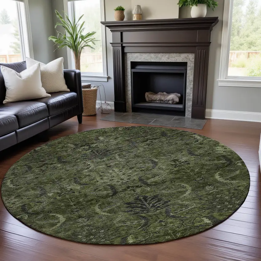 8' Olive Green And Charcoal Damask Washable Round Rug With UV Protection Photo 4