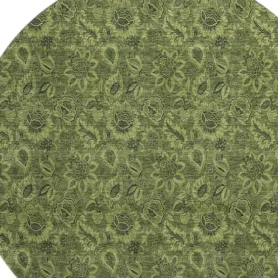 8' Olive Green And Charcoal Floral Washable Round Rug With UV Protection Photo 4