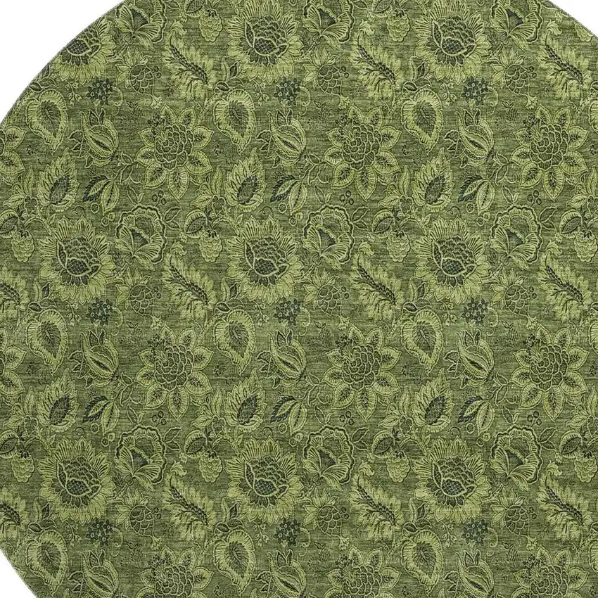 8' Olive Green And Charcoal Floral Washable Round Rug With UV Protection Photo 4