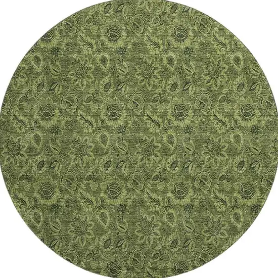 8' Olive Green And Charcoal Floral Washable Round Rug With UV Protection Photo 3