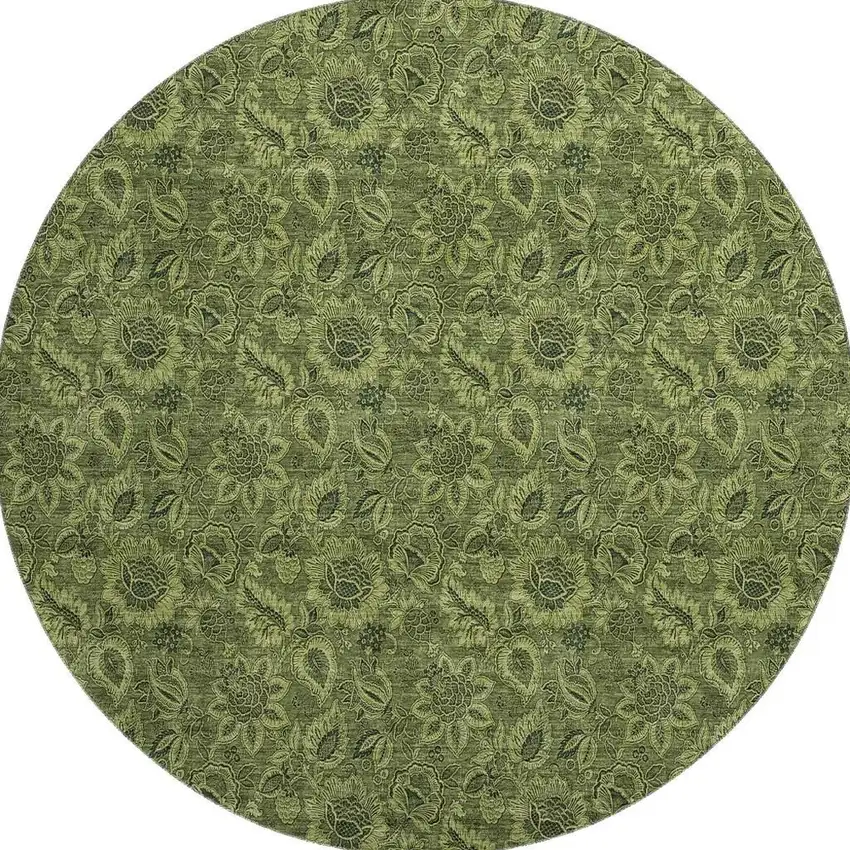 8' Olive Green And Charcoal Floral Washable Round Rug With UV Protection Photo 3