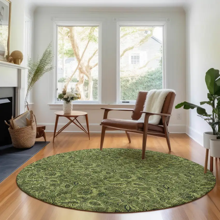 8' Olive Green And Charcoal Floral Washable Round Rug With UV Protection Photo 5