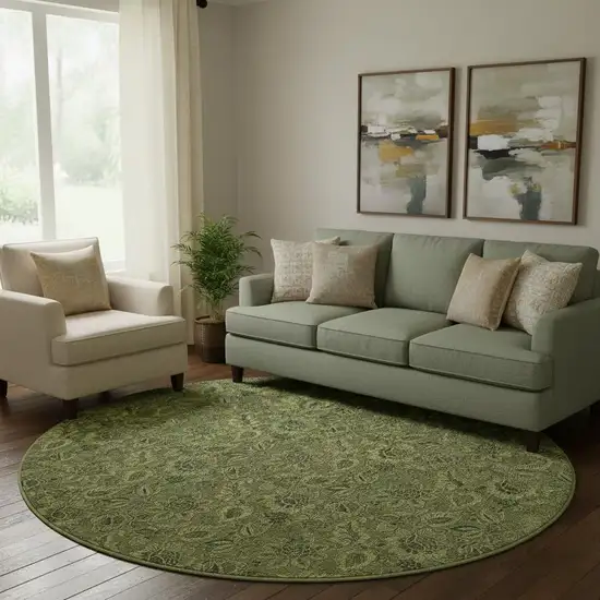 8' Olive Green And Charcoal Floral Washable Round Rug With UV Protection Photo 1