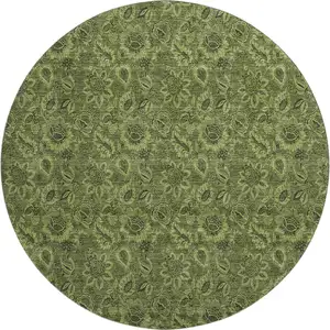 Photo of 8' Olive Green And Charcoal Floral Washable Round Rug With UV Protection
