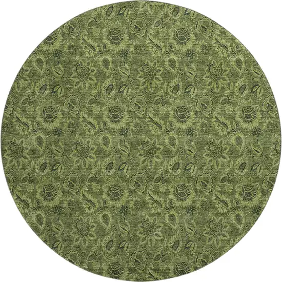 8' Olive Green And Charcoal Floral Washable Round Rug With UV Protection Photo 1