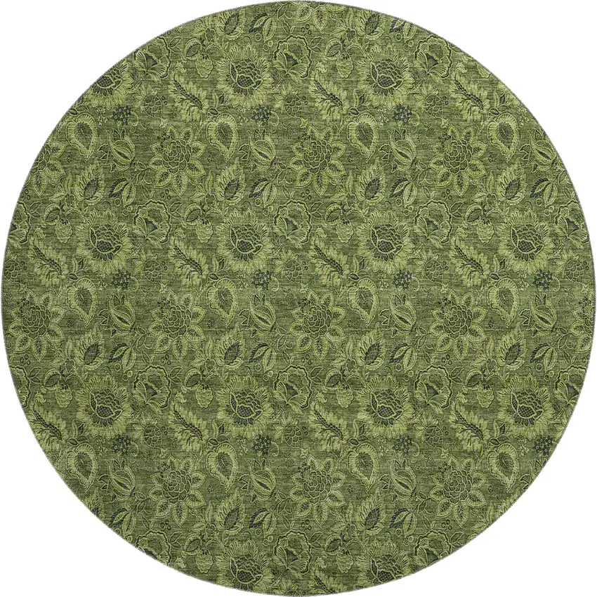 8' Olive Green And Charcoal Floral Washable Round Rug With UV Protection Photo 1