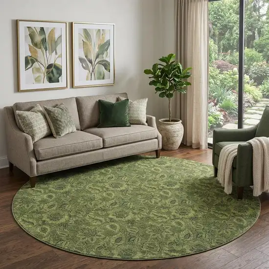 8' Olive Green And Charcoal Floral Washable Round Rug With UV Protection Photo 1