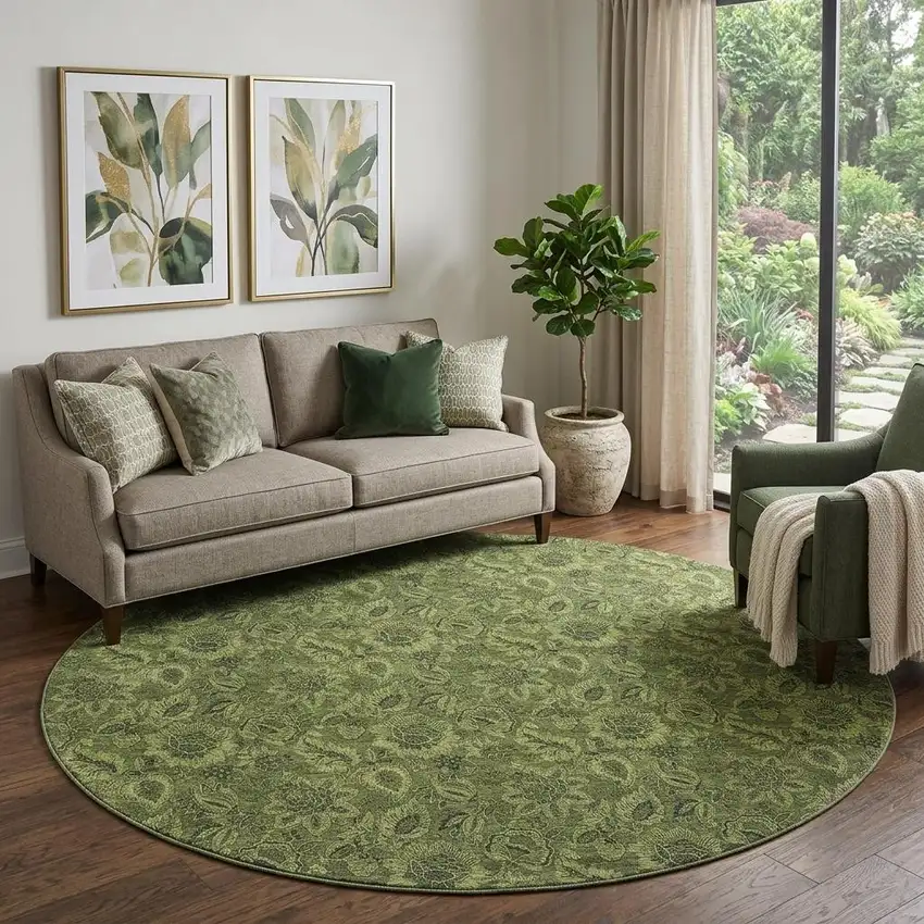 8' Olive Green And Charcoal Floral Washable Round Rug With UV Protection Photo 1