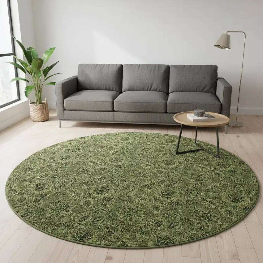 8' Olive Green And Charcoal Floral Washable Round Rug With UV Protection Photo 2