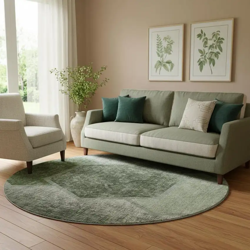 8' Olive Green And Charcoal Geometric Washable Round Rug With UV Protection Photo 1