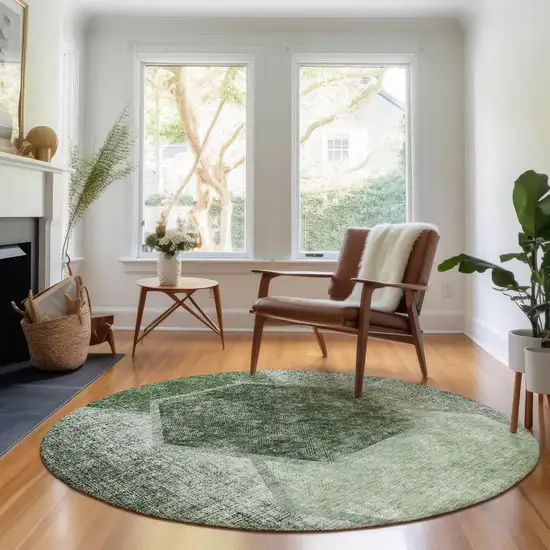 8' Olive Green And Charcoal Geometric Washable Round Rug With UV Protection Photo 4