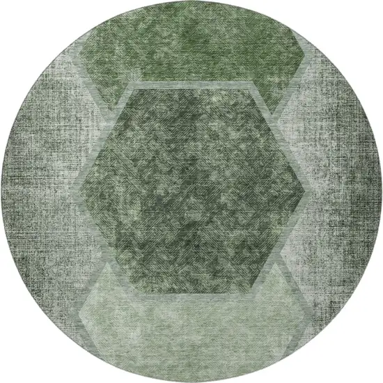 8' Olive Green And Charcoal Geometric Washable Round Rug With UV Protection Photo 3