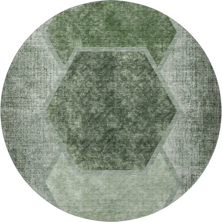 8' Olive Green And Charcoal Geometric Washable Round Rug With UV Protection Photo 3