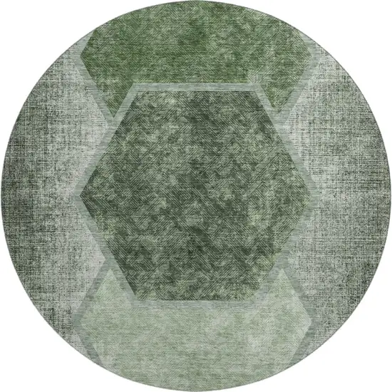 8' Olive Green And Charcoal Geometric Washable Round Rug With UV Protection Photo 1