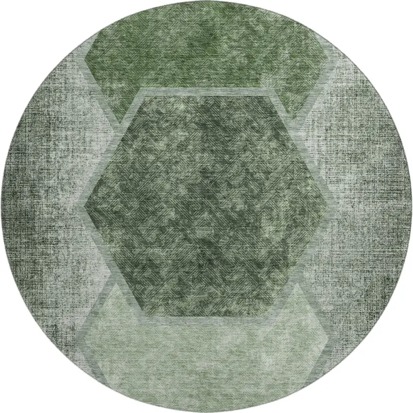 8' Olive Green And Charcoal Geometric Washable Round Rug With UV Protection Photo 1