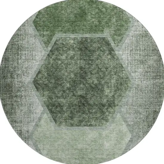 8' Olive Green And Charcoal Geometric Washable Round Rug With UV Protection Photo 2