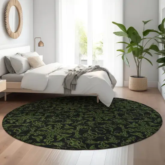 8' Olive Green And Charcoal Medallion Washable Round Rug With UV Protection Photo 5