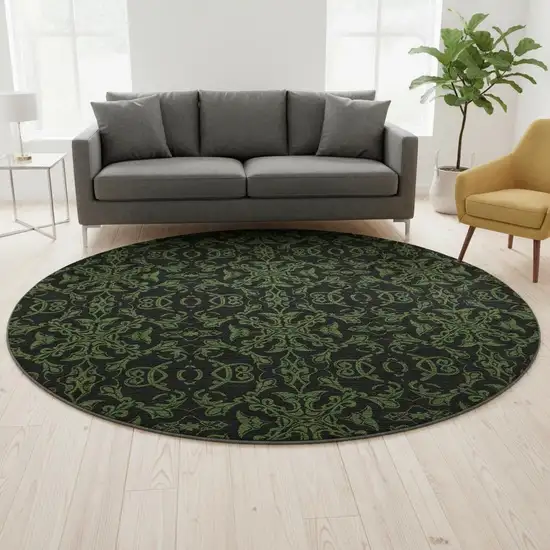 8' Olive Green And Charcoal Medallion Washable Round Rug With UV Protection Photo 2