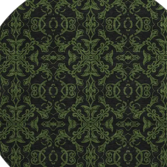 8' Olive Green And Charcoal Medallion Washable Round Rug With UV Protection Photo 3