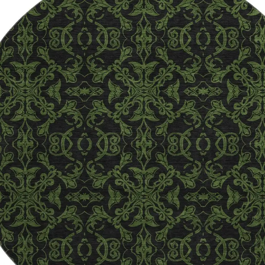 8' Olive Green And Charcoal Medallion Washable Round Rug With UV Protection Photo 3
