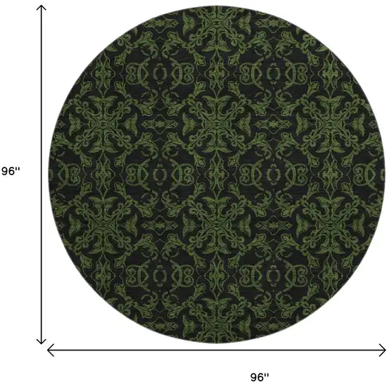 8' Olive Green And Charcoal Medallion Washable Round Rug With UV Protection Photo 3